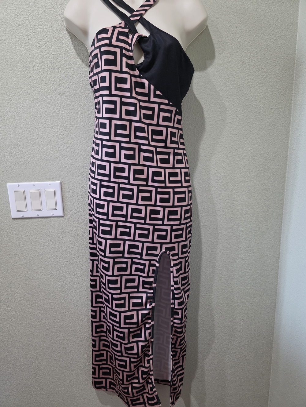 Geometric Biege & Black Halter Maxi Dress with Side Slit